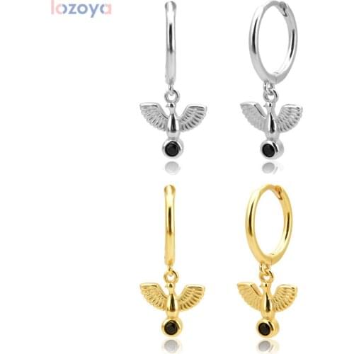LOZOYA 925 Sterling Silver White Dove Piercing CZ Animal Dangle Charm Drop Earring Black Zircon Luxury Circle Women Jewelry