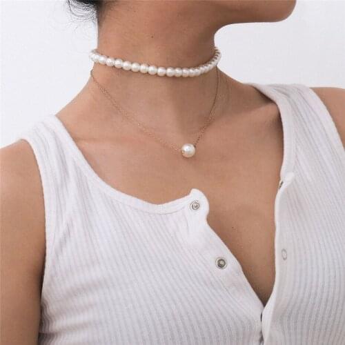 Cute Double layers Gold color fashion Choker for women girl Imitation pearl pendant simple necklace chocker Collar