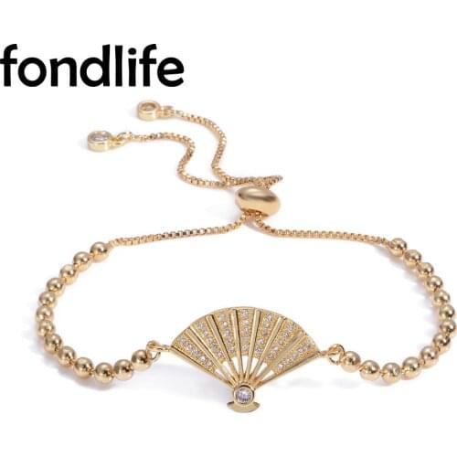 AAA White Cubic Zirconia Crystal Copper Beads Chain Folding Fan Charm Adjustable Bracelet Women Pretty Girl Must-have Jewelry
