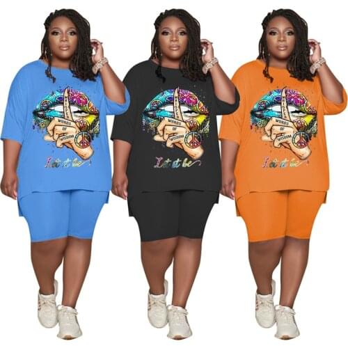 Tracksuit Plus Size Two Piece Set Women Wholesale Short Set Lip Print Top Short Leggings Jogging Suit Summer 2021 Dropshipping