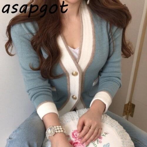 Autumn Clothes Three Buttons Small Fragrance Temperament V Neck Long Sleeve Knitted Cardigan Sweater Woman Pocket Coat