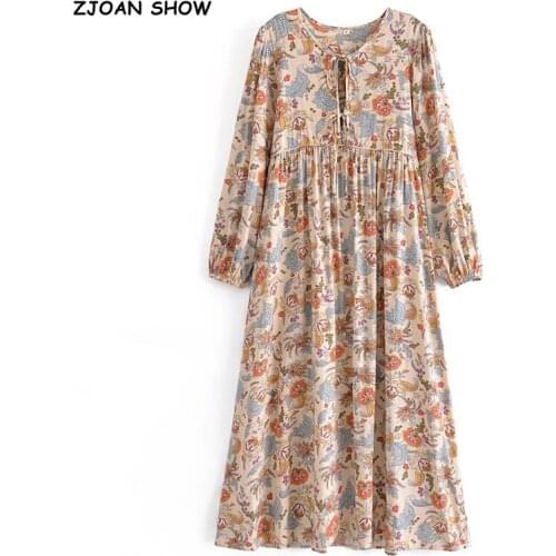 2021 Bohemia Bandage Lacing up Collar Apricot Flower Print Midi Dress BOHO Woman Long Sleeve Holiday Dresses Beach