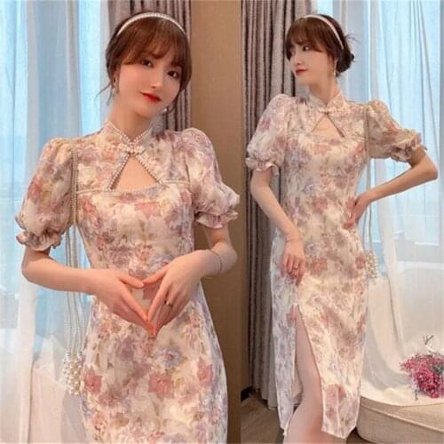 2021 new summer retro cheongsam improved version dress female summer puff sleeve waist temperament floral skirt