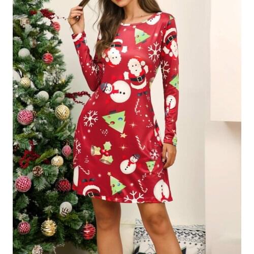 Plus Size Christmas Dress Printed O-Neck Long Sleeve 2020 New Womens Casual Long Sleeve Cute Christmas Tree Snowman Dress 4XL