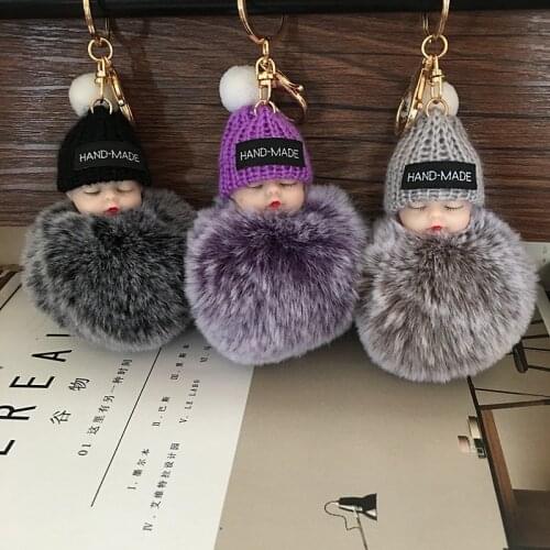10Pcs Cute Mini Sleeping Baby Doll Key Chains For Women Bag Toy Key Ring Fluffy Pom pom Faux Fur Plush Keychains