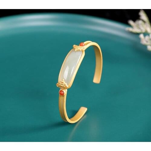 2021 New S925 Silver Gold-Plated Inlaid Natural Hetian Jade Sapphire Geometric Bracelet Fashion Womens Open Jewelry