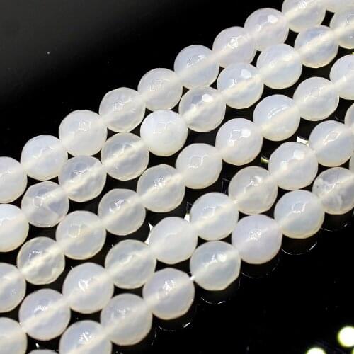 Free Shipping 15" Natural Stone Faceted White Agates Round Loose Beads 4 6 8 10 12MM Pick Size For Jewelry Making