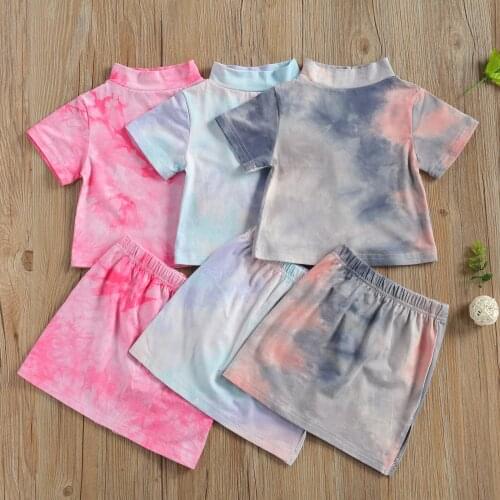 Kids Baby Girls Fashion 2-piece Summer lovely Outfit Set Short Sleeve Turtle Neck Tie-dye T-shirts Split Skirts Set for Children