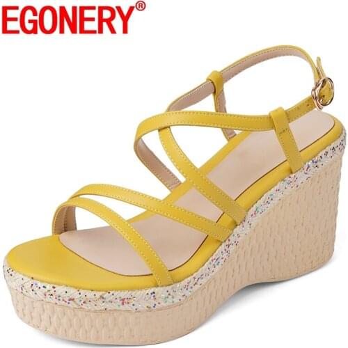 EGONERY Women Slope Heel Sandals Round Toe Genuine Leather summer New Style Leisure Concise Comfortable office lady Mature