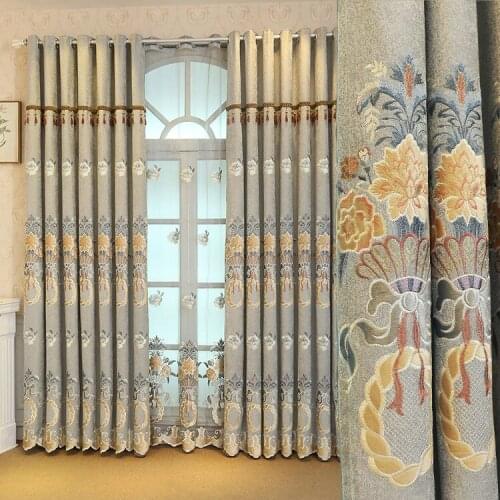 EuropeanStyle Laser Embroidered Curtain Chenille Blackout Curtain French Window Finished Curtains for Living Dining Room Bedroom