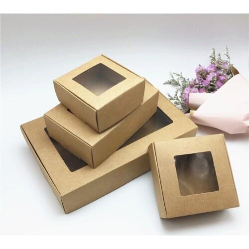 24Pcs Brown Kraft Paper Transparent Window Box For Products/Favors Display Popular Cardboard Phone Case Packaging Gifts Boxes