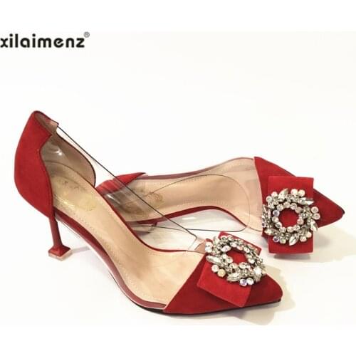 Red Color Crystal Pointed Toe Wedding Shoes Womens Pumps Fashion Transparent High Heels Shoes for Women