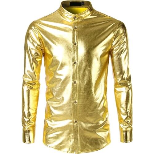 Idopy Mens Fashion Faux Leather Coated Shirts Gold Silver Party Stage Performance Shirts Costume For Man Women