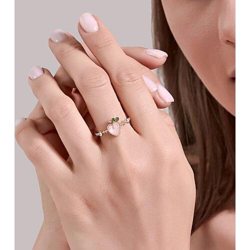 Peach Fruit Heart Pink Cats Eye Stone White Green Rhinestone Student Golden Rose Gold Copper Index Finger Open Rings for Women