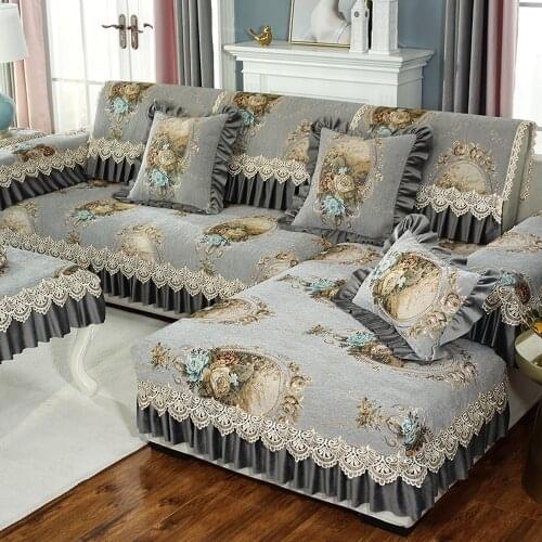 European Luxury Chenille Sofa Cover Grey Non-slip Sofa Towel Cushion Pillow Case Exquisite Jacquard Lace Combination Sofa Set