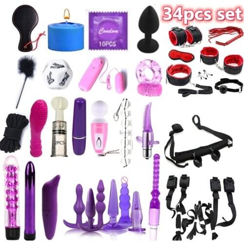 Sex Toys For Couples Bondage Vibrators Set Nylon Restraint BDSM Slave Vibrator Plug Flirt Games Erotic Toys for Women 34pcs set