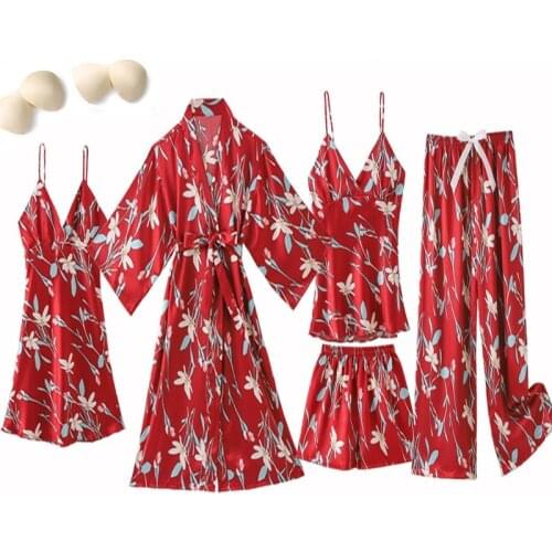 5PCS Silky Satin Pajamas Sleep Suit Lady Sexy Strap Top&pants Nightwear Casual Print Sleepwear Spring New Home Pyjamas Sets