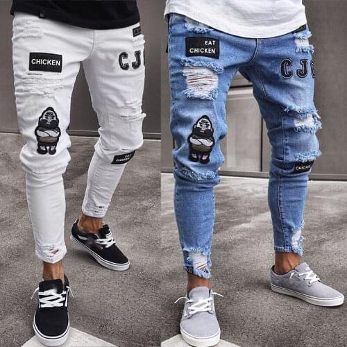 European and American pop Mens hip hop high end elastic slim hole Leggings new mens badge slim jeans Casual