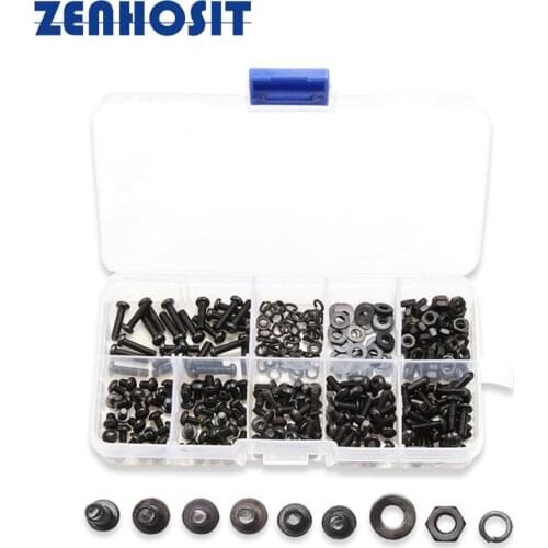 300pcs/box M3 Black Round Head Hexagon Socket Screws Carbon Steel Bolts Nuts Kit Flat Spring Washers Gasket Hardware Accessories