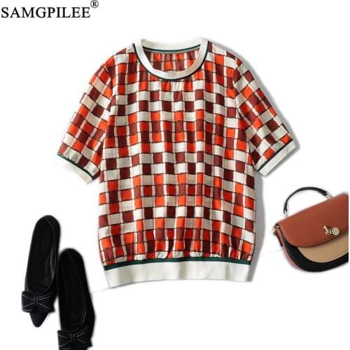2021 Summer Women T Shirt Oversized Fashion Plaid O Neck Chiffon Korean Style Short Sleeve Straight Woman T-shirts Plus Size 4XL