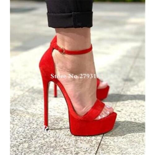 Women Fashion Style High Platform Suede Leather Stiletto Heel Sandals Red Beige Black Ankle Strap High Heel Sandals Dress Heels