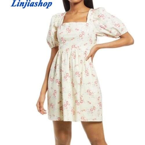 Hollow Out Backless Summer Dress Vintage Prairie Chic Square Collar Puff Sleeve Dresses For Women Fashion Casual