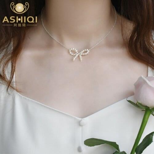ASHIQI Natural Freshwater Pearl Bow Necklace 925 Sterling Silver Hand Woven Jewelry for Women