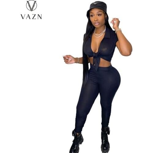 VAZN 2021 INS Solid Simple Young Sexy Holiday Soft Elegant Bandage Short Sleeve High Waist Long Pant Skinny Women 2 Piece Set