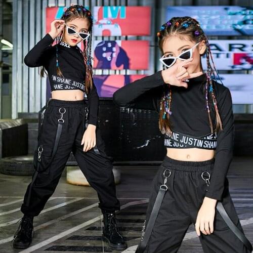 Children Jazz Dance Costume Girls Hip Hop Clothing Black Crop Tops Street Dancing Pants Modern Hiphop Suit Kids Wear DNV14531
