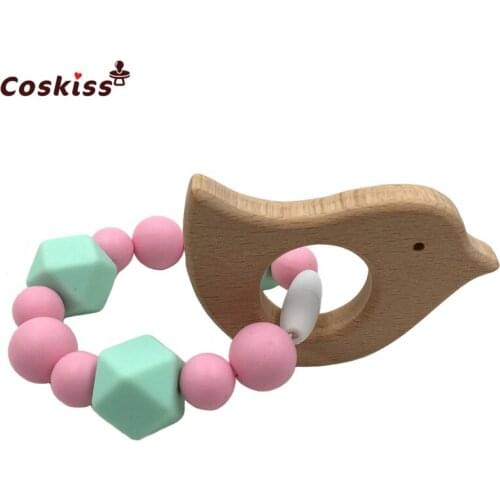 Baby Teether Wood Bird Animals Silicone Beads Pram Toy Silicone Teether Nursing Bracelet Crib Toys Rattles
