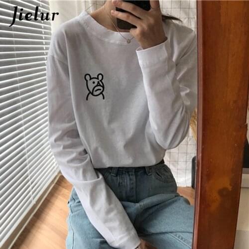 Jielur Kpop Casual Tops Womens T-shirt Cute Bear Embroidered Tees Loose Long Sleeve T shirts S-L BF Tshirts for Woman O-Neck