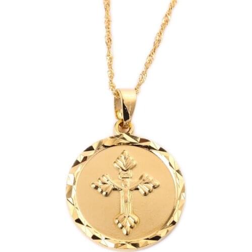 Gold Color Round Men Cross Necklace Pendant Women Jesus Crucifix Christianity Jesus Jewelry