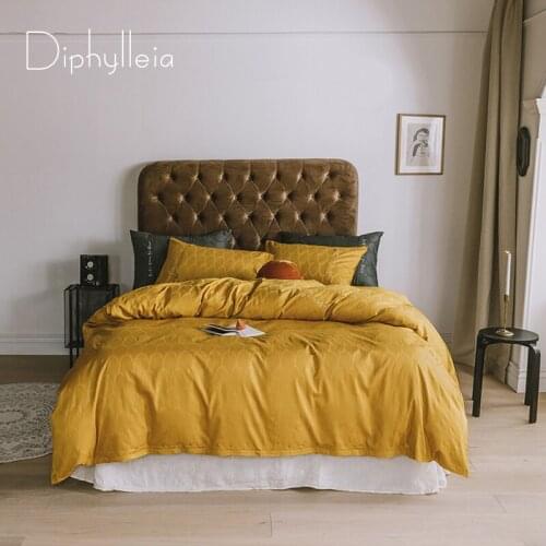 Diphylleia Mustard Yellow Cotton Duvet Cover Luxury Geometric Jacquard King Queen Size Reversible Home Bedding Sets Pure Color