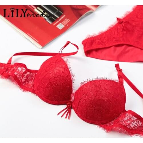 Women Luxury Lingerie Eyelashes Lace Bra and Panties Set Seamless Underwear Push Up Cup Convertible Straps Black Red Brassiere