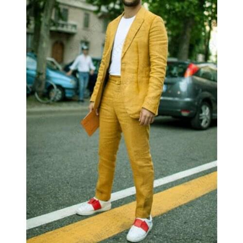 ANNIEBRITNEY Summer Gold Linen Wedding Suits Beach Groom Tuxedos Bridegroom Men Suits Best Man Blazer Costume Casul Suit for Men