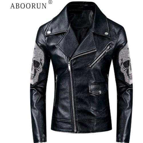 ABOORUN Mens Punk Leather Jackets Skull Beads Pleated Motorcycle Leather Jackets Black Skinny Biker Leather Coat for Male