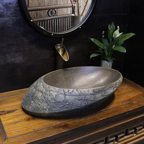 NEW Geometric Oval Stone-Like Ceramic Countertop Wash Basin Bathroom Sink WF