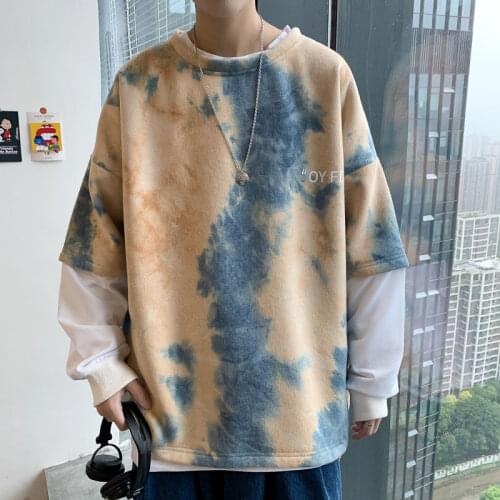 Autumn Tie-dye Hoodie Mens Fashion Casual Fake Two-piece Sweatshirt Men Streetwear Loose Hip-hop Pullover Hoodies Mens M-5XL