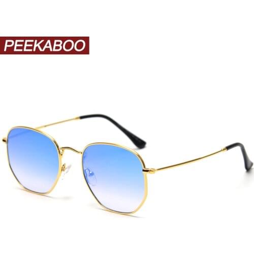 Peekaboo gold blue mirror sunglasses for men metal frame polygon square sun glasses for women green uv400 2021 summer hot male