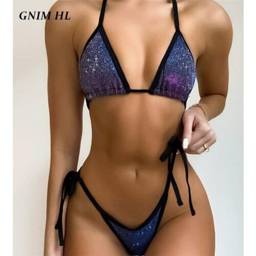 Sexy Shiny Bikini Mujer 2021 Bandage Triangle Swimwear Women 2 Pieces Micro Swim Bathing Suit High Cut Halter Swimsuit Biquini