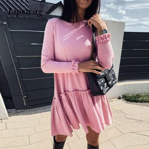 Lipswag 2019 Autumn Butterfly Long Sleeve Pleated Dress Women Casual O-Neck Dress Elegant Solid Color Party Short Dress Vestidos
