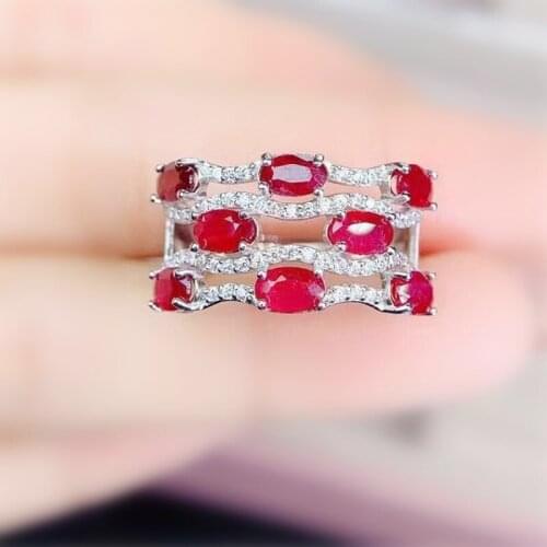 Natural real ruby luxury big ring Per jewelry 925 sterling silver 3*5mm 0.35ct*8pcs gemstone Fine jewelry J213302
