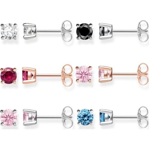 Silver Colorful Stones Class Four Claws Round Stud Earrings, 2018 New Thomas Style Ear Stud Earings Jewelry Gift For Women