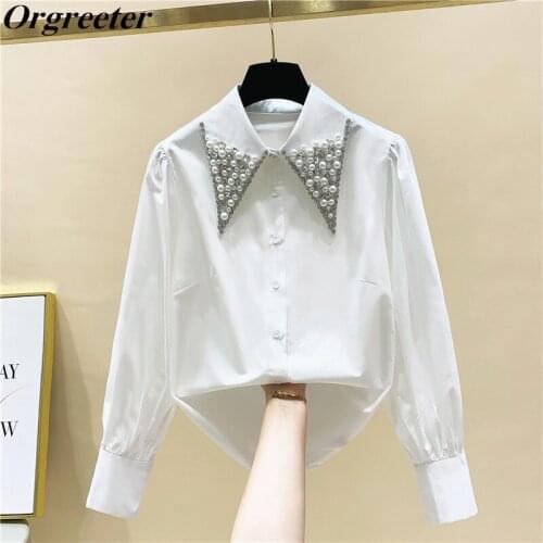 High Quality Pearls Diamonds Collar White Shirt Women Tops Mujer 2021 Spring New Arrival OL Elegant Blouse Tops Camisas Mujer