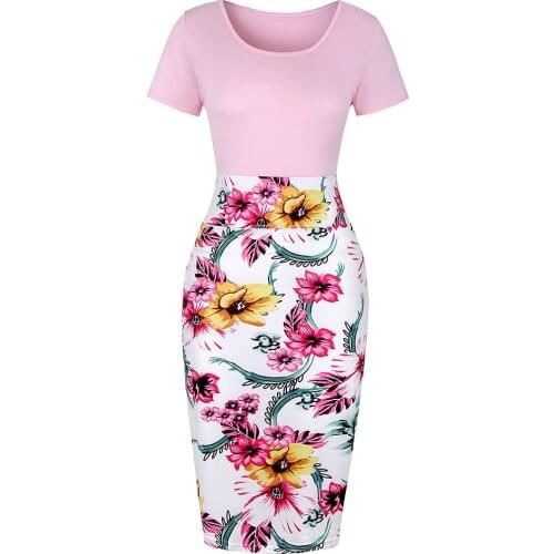 Womens Clothing Knee Length Short Sleeve Floral Printed Patchwork Elegant Fashion Party A-Line Midi Dress