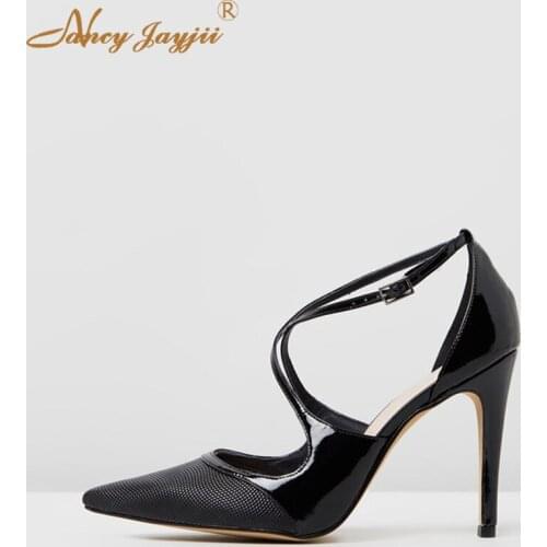 Plus Size 11 15 High Thin Heels Pointed Toe Pumps Woman Dress Cross-Strap For Ladies Shoes Heels Sexy Party Mature Fashion 2019
