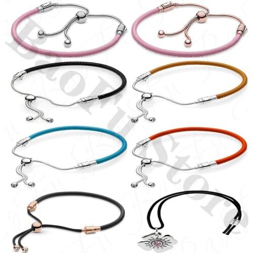 Original 925 Sterling Silver Bracelet Woven Leather Adjustable Snake Chain Black Pink Suitable For WomenS Simple Jewelry