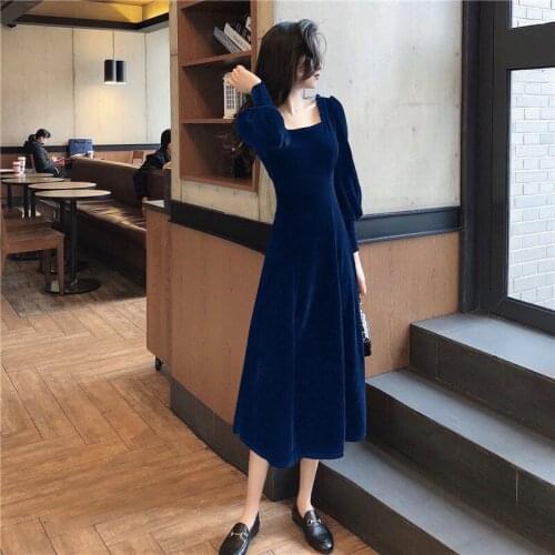 Dresses for Women Autumn Winter Velvet Skirt Square Collar Slimming Dress for Women Vestido De Mujer