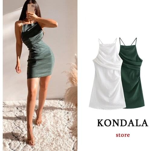 KONDALA Women Chic Green Solid Pleated Mini Dress Backless Sheath Crossed Sexy Party Dress Stylish Elegant Mujer Vestidos
