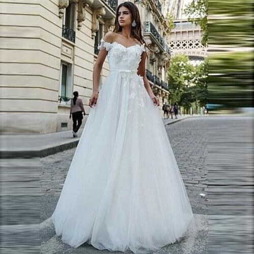 Sweetheart Tulle A-Line Wedding Dresses Short Sleeves Lace Up Back Custom Made Long Bridal Gowns With 3D Flowers Adorned